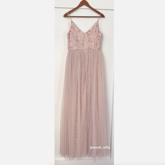CLUNY DRESS Adrianna Papell Anthropologie Pink Sequined Embroidered Tulle - Picture 6 of 10
